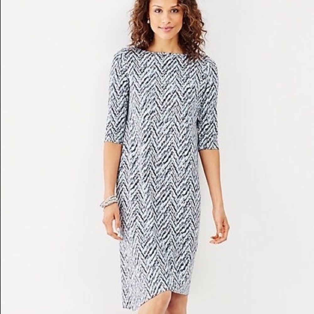 J. Jill Wearever Collection Black & Blue Chevron Dress, Asymmetrical Hem, Medium